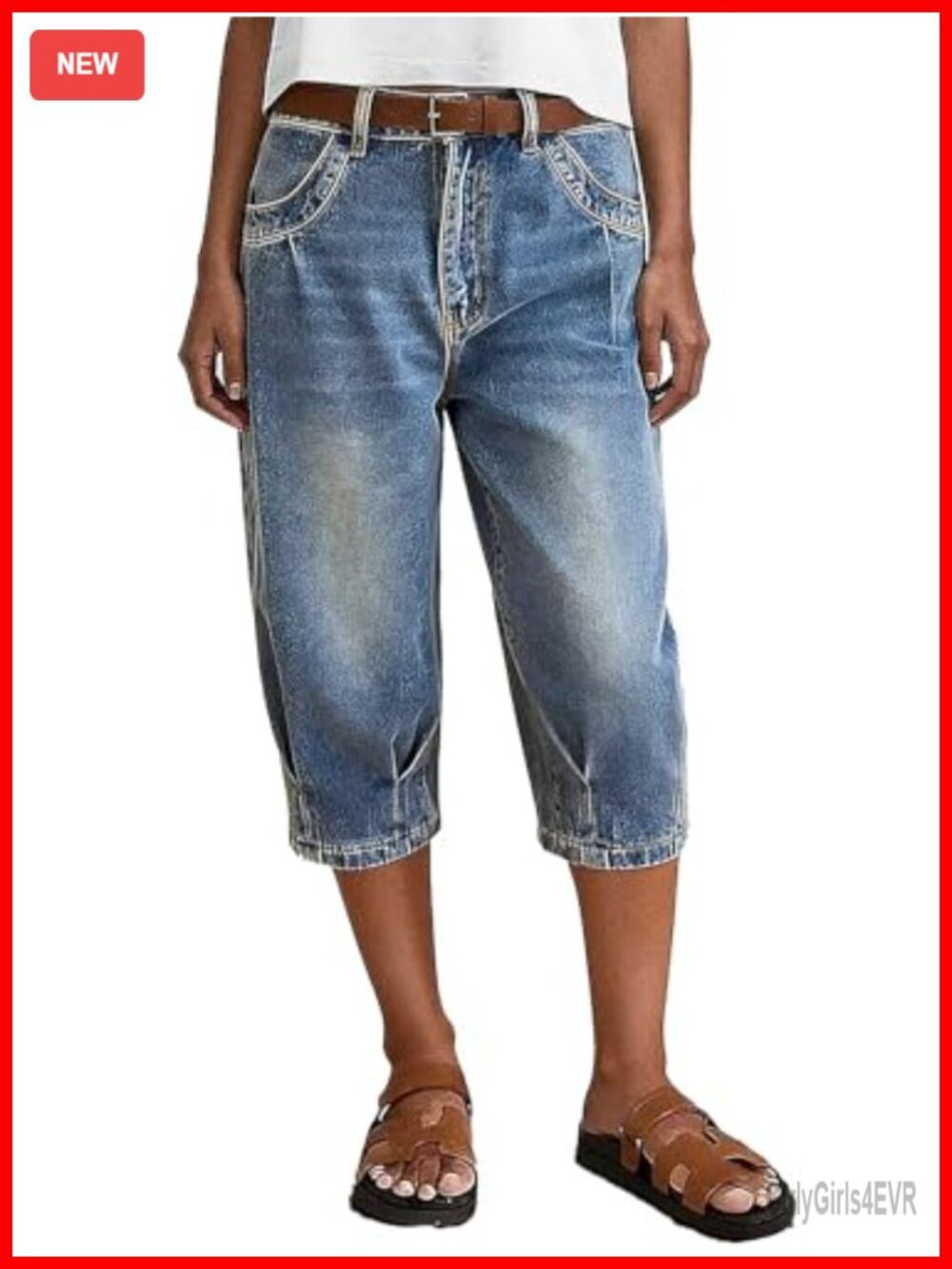 Straight Leg Mid Rise Capri Jeans for Women Wash Pleated Trendy Loose Fit Denim